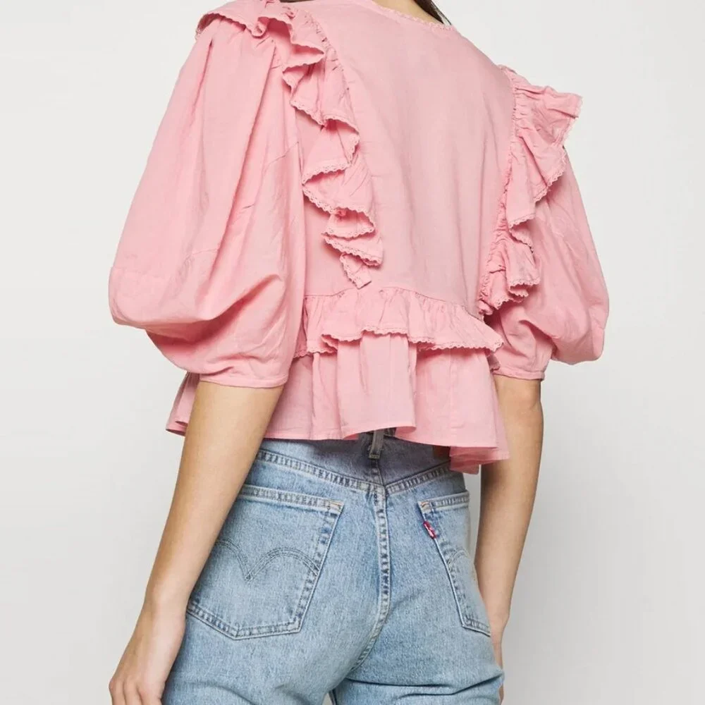 FARM Rio Blush Pink Puff Sleeve V-Neck Blouse